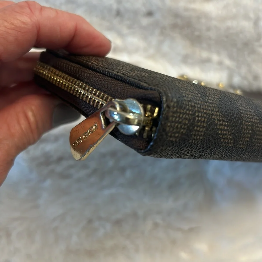 Michael Kors Beige Suede Pouch & Brown MK Signature Zip Wallet